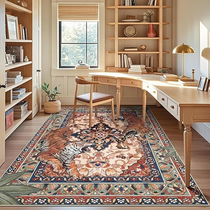 Tiger Washable Area Rugs for Living Room 5x7Ft Non Slip, Botanical Jungle Bedroom Rugs, Soft Boho Animal Printed Kids Nursery Floor Carpets for Dining Room Dorm Farmhouse Office, Red Blue