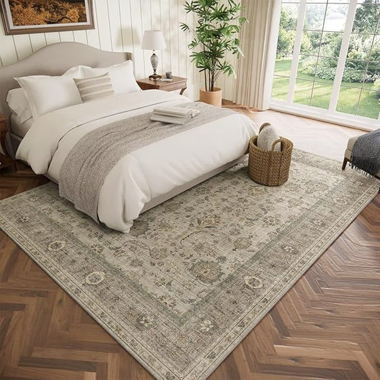 Washable 5x7 Area Rugs for Living Room, Boho Non-Slip Vintage Rugs for Bedroom Dining Room Nursery Office, 0.3" Neutral Oriental Throw Thin Carpet with Cushioning, Flaxen/Multi, B2
