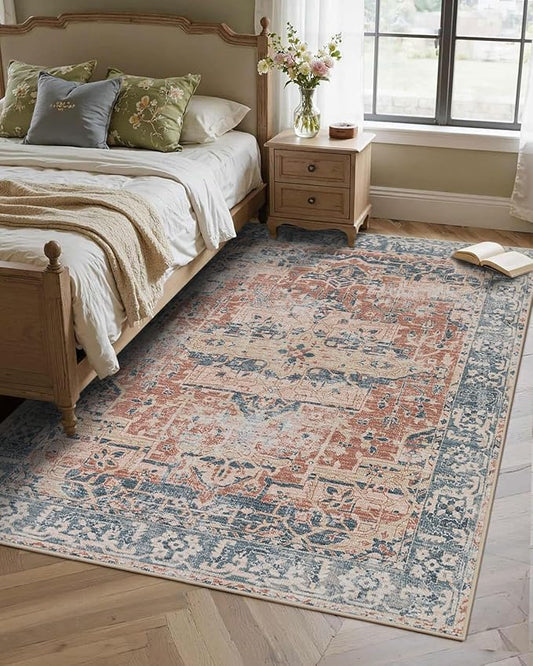 Rugxara 4x6 Rug for Living Room Bedroom, Washable Throw Rugs, Vintage Retro Boho Area Rug, Non Slip & Low Pile Accent Throw Carpet for Indoor Dining Room, Kids Room and Office(Coral Blue 4x6ft)