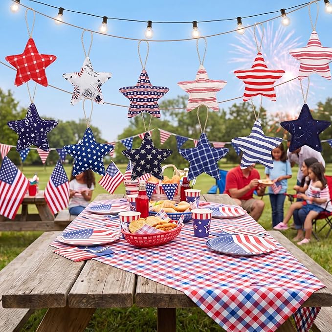 Soulchen 12 Pcs 4th of July Patriotic Ornaments Red Blue White Fabric Star Hanging Ornament Stuffed Stripe Check Star Memorial Day Tree Decoration for 250th Anniversary Independence Veterans Day Decor