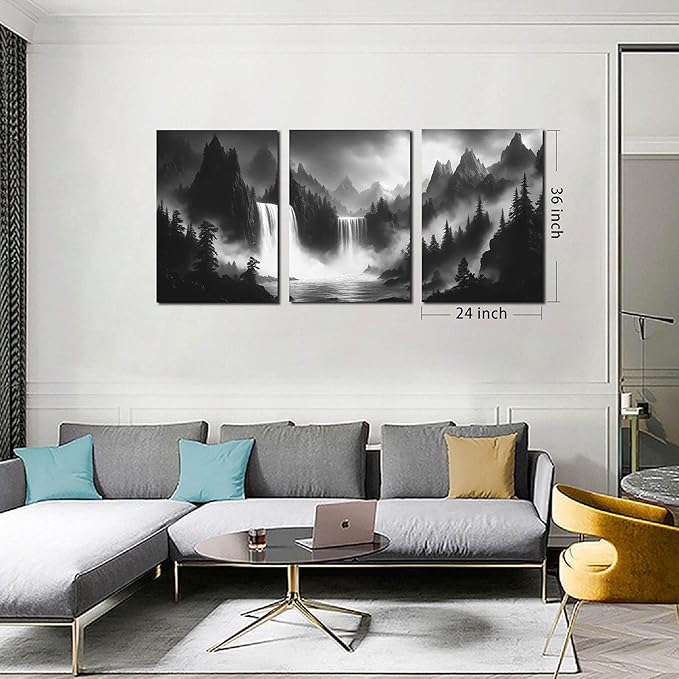 CIRABKY Waterfall Canvas Wall Art for Living Room - Mountains Pictures Wall Art for Office - Modern 3 Piece Large Wall Art for Bedroom Size 24" x 36"
