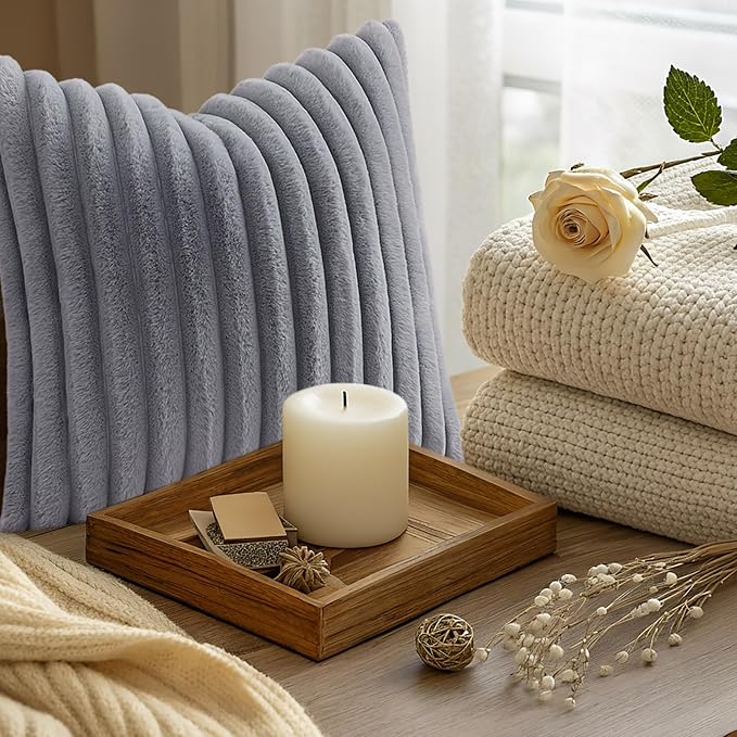 decorUhome Cozy Faux Fur Throw Pillow Covers 20x20 Set of 2 Decorative Soft Plush Striped Modern Farmhouse Boho Couch Pillow Cases with Velvet Back for Sofa Bed Living Room, Grey