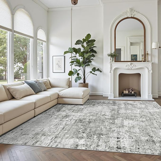 Soalmost Abstract Rug 8x10 Large Living Room Rugs Neutral Modern Washable Area Rugs for Bedroom Dining Room Non-Slip Stain Resistant Foldable Thin Rug Gray White