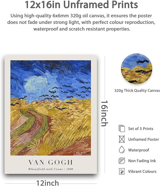HesenDot Unframed Vincent Van Gogh Wall Art Prints Set of 3, 12x16in Classic Post-Impressionist Posters, Wheatfield and Sunflowers Canvas Print, Vintage Oil Painting Home Decor for Bedroom Living Room