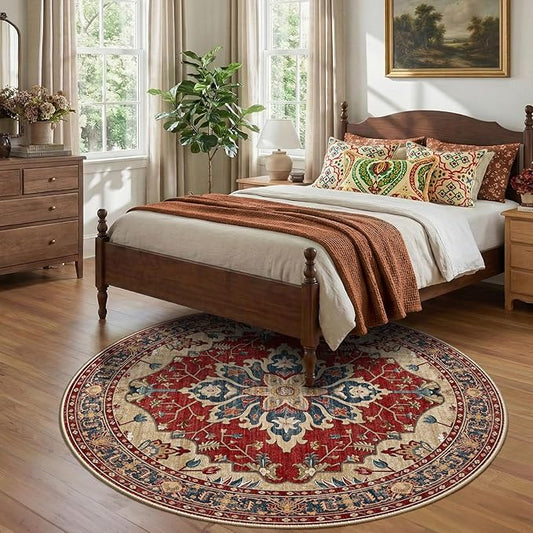 RELEANY Area Rugs Round 7ft Washable Non-Slip, Floral Vintage Distress Print Pattern Medallion Carpet for Living Room Bedroom Dining Room, Red Blue
