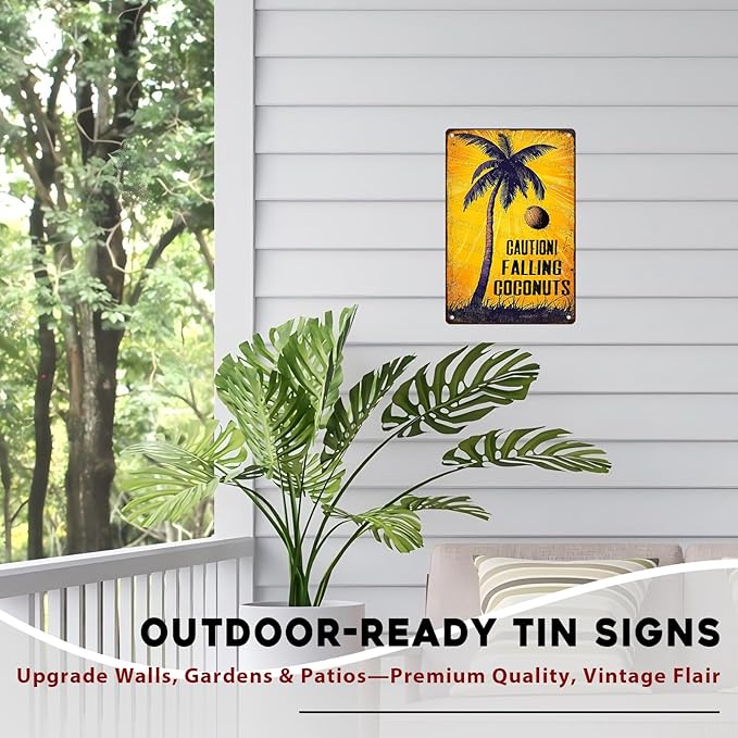Coconuts Vintage Sign Caution! Falling Coconuts Metal Tin Sign for Lounge Welcome Pool Hot Tub Happy Hour Island Décor 8x12inch