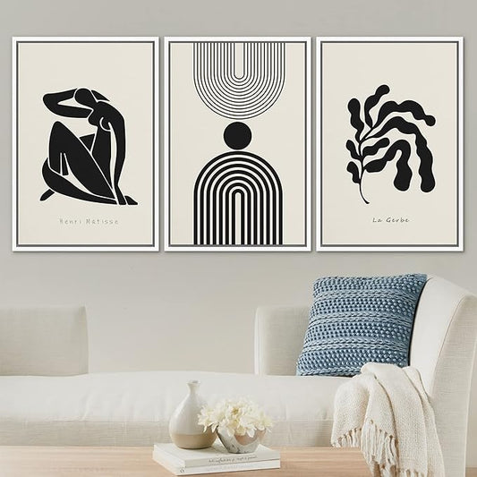 SIGNLEADER Framed Canvas Print Wall Art Set Duotone Matisse Dancer Flower Plant Collage Abstract Shapes Illustrations Modern Art Boho Decorative for Living Room, Bedroom, Office - 16"x24"x3 WHITE