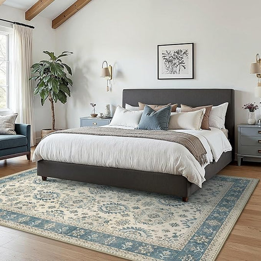5x7 Area Rug Machine Washable Boho Rug for Living Room,Ultra-Thin Low Pile Carpet,Lightweight Indoor Printed Rug,Non Slip Floral Area Rug for Bedroom, Dining Room, Home Office,Blue