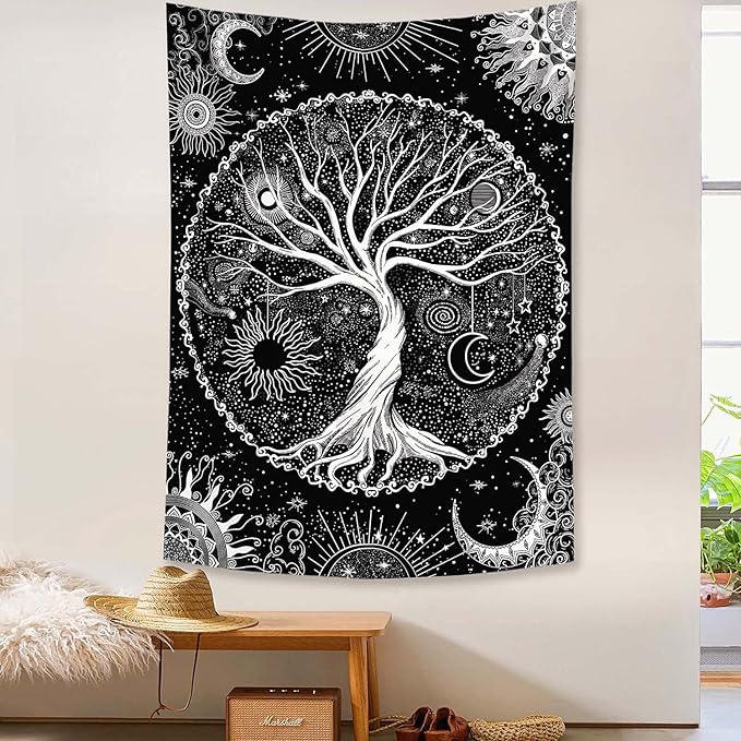 Lunerfex Tree of Life Tapestry Black and White Tapestry Mystical Sun and Moon Tapestries for Bedroom and Living Room Decor Black Tree 36×48 Inches