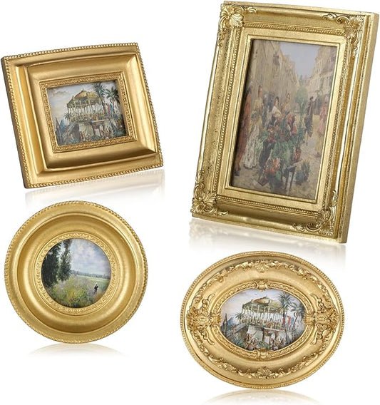 4 Styles Vintage Picture Frames, Small Golden Picture Frames, 4 Sizes Picture Frame 5.5''x4.6''/4.7''x4.7''/5.9''x7.7''/4.5''x5.4'',Collage Wall Mount & Tabletop Photo Display for Gallery Home Decor (Pack of 4)