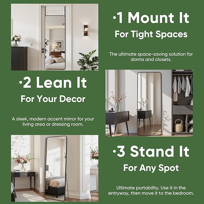 Suidia Full Length Mirror Over the Door&Wall Mounted, 48"x14" Door Mirror with Aluminum Alloy Frame, HD Shatterproof, No-Drill, Hanging Mirrors for Bedroom, Bathroom, Dorm, Closet, Rounded Rect, Black
