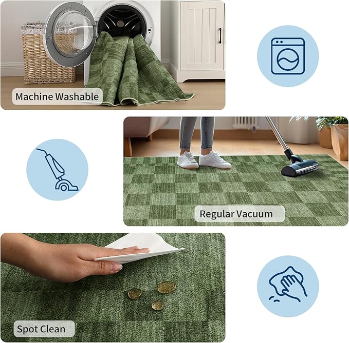 GarveeHome 2.5×8 Kitchen Runner Rug Non Slip,Moss Green Checkered Rug,Washable Runner Rug for Hallway Soft Low-Pile Geometric Checkerboard Rugs for Entryway Kitchen Dining Room