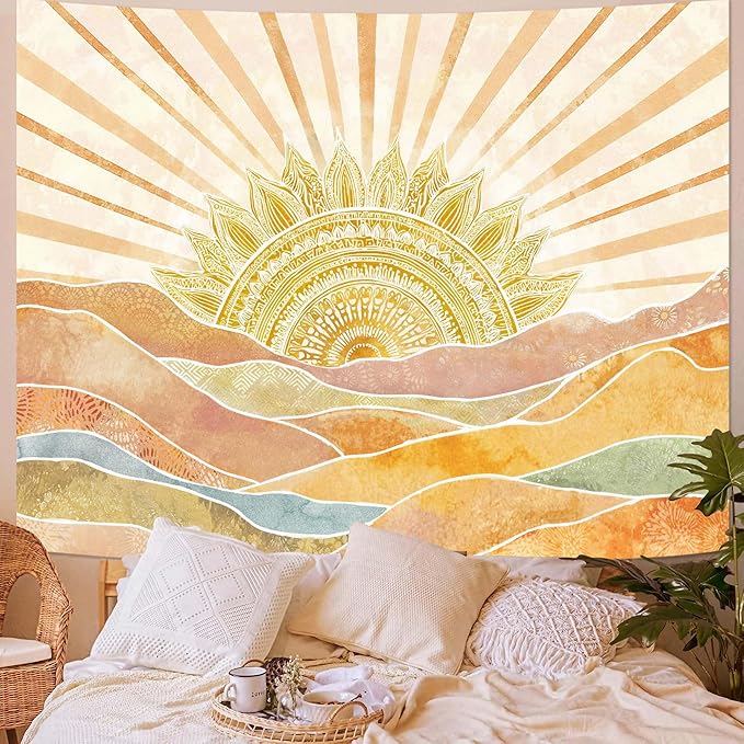 Leeisysme Boho Sun Tapestry, Abstract Retro 70s Mountain Wall Art, Vintage Sunrise Tapestries for Bedroom Living Room Dorm Decor, Gold Yellow 60x80 inches
