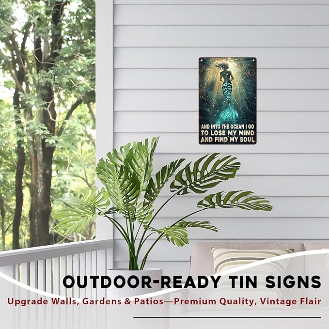 Mermaid Metal Tin Sign “Into The Ocean I Go To Lose My Mind” - Retro Coastal Art, Rustic Wall Decor for Bathroom, Beach House, Spa & Home 8x12 Inch