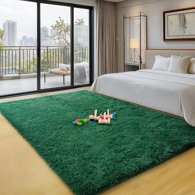 qulint 4x6 Area Rug for Bedroom, Fluffy Soft Shag Green Rugs for Living Room Fuzzy Plush Small Nursery Rug, Modern Shaggy Forest Carpet for Boys and Girls Dorm Home Decor (4ft x 6ft, Dark Green)