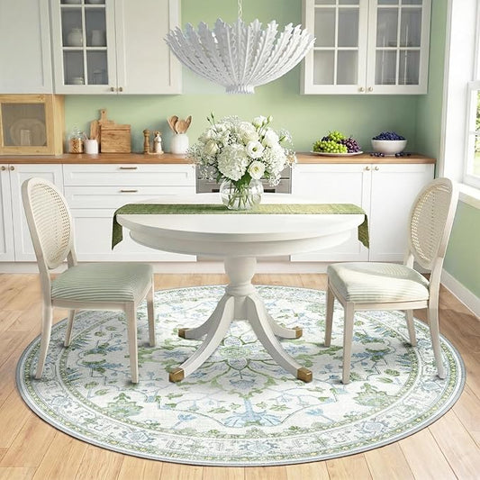 RELEANY Area Rugs Round 6ft Washable Non-Slip, Floral Vintage Distress Print Pattern Medallion Carpet for Living Room Bedroom Dining Room, Green White Blue