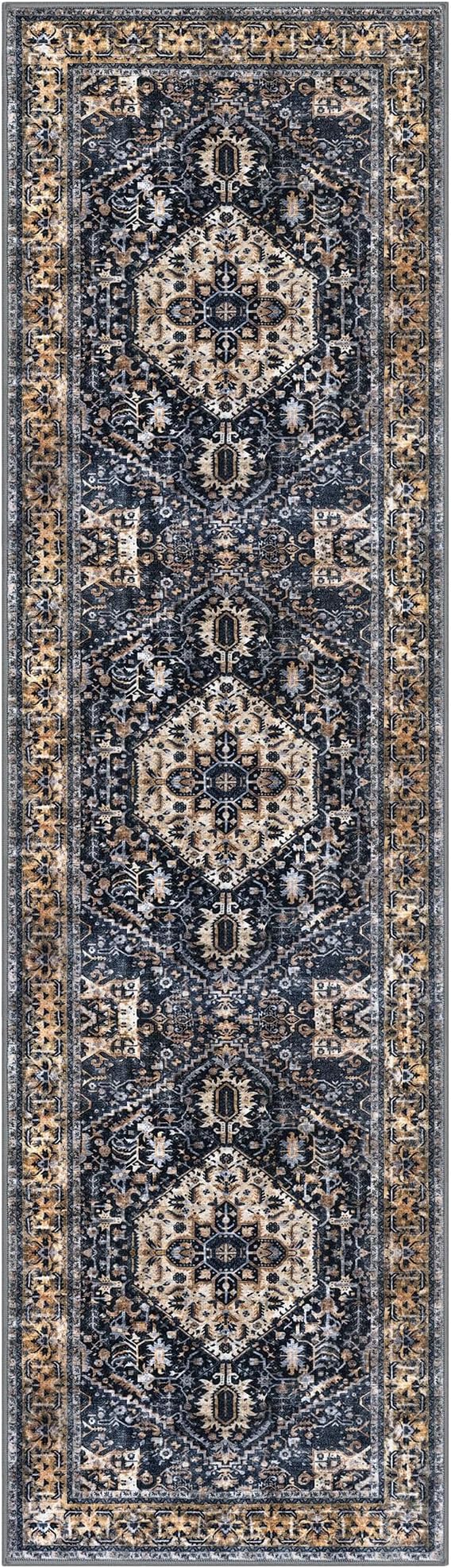 KOZYFLY Runners for Hallways 2x7 Ft Washable Kitchen Runner Rug Boho Runner Rug for Entryway Indoor Gold/Orange/Navy Printed Oriental Faux Wool Floor Carpet Runner for Bedroom