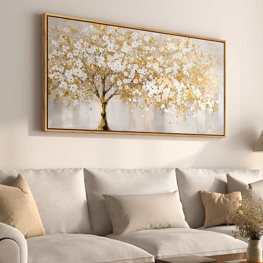 Large Framed Gold Tree Wall Art for Living Room, Neutral Gray White Canvas Painting for Modern and Elegant Home Decor, Golden Tree of Life Artwork for Bedroom Kitchen Dining Room Office, 20x40 Inch