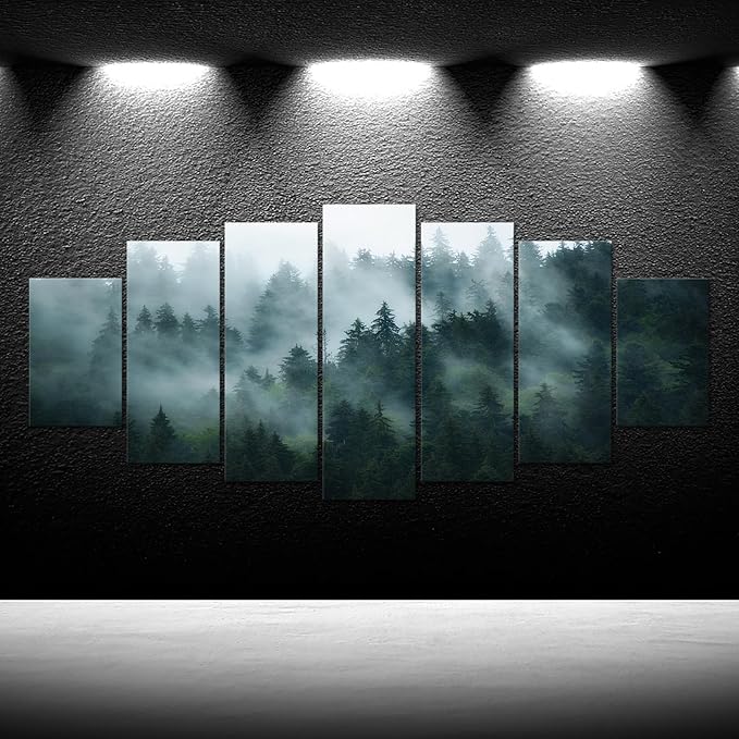 iKNOW FOTO XLarge 7 Panel Canvas Print Wall Art Misty and Fog Over Dark Mountain Forest Wilderness Nature Photography Modern Art Rustic Landscape Picture 70x32 Inches