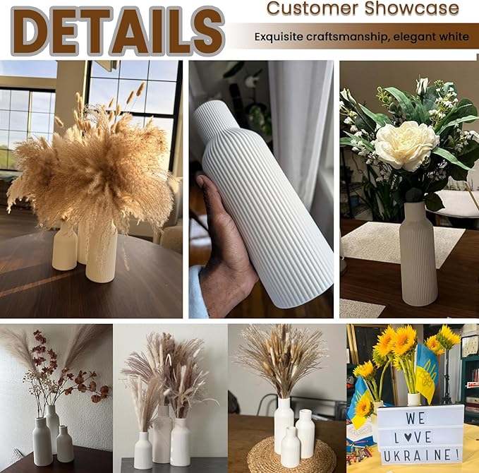 Colorful Ceramic Flower Vases Set of 3, Matte Vertical Ribbed,Minimalist for Pampas, Dried & Fresh Flowers, Centerpiece for Living Room, Shelf, Entryway, Wedding (White, Yellow, Blue)