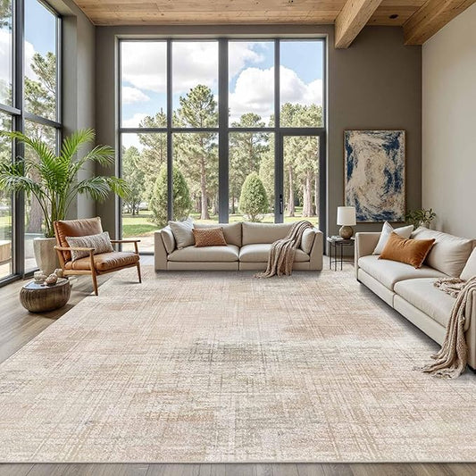 9x12 Area Rug for Living Room, Extra Large Washable Rug, Soft Neutral Abstract Rug for Bedroom, Office, Farmhouse, Low Pile Imitation Wool Non Slip Carpet Ideal for High-Traffic Areas, Beige Grey