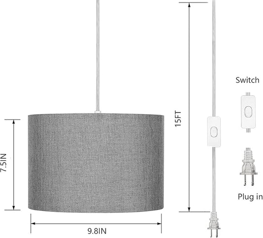 ZSLAIFU 15FT Plug in Pendant Light with Switch,Hanging Lamp with Plug in Cord, Hanging Light Pendant Lamp with Remote Control,Pendant Light Fixture for Living Room Bedroom Farmhouse (Grey x2)