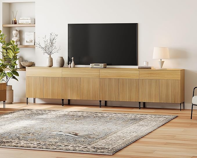 WAMPAT Large Fluted TV Stand TVs up to 120 inch, 126" W Modern TV Entertainment Center with Storage Cabinets and 4 Drawers & 8 Doors, Wood Media TV Console Table with Storage for Living Room, Oak