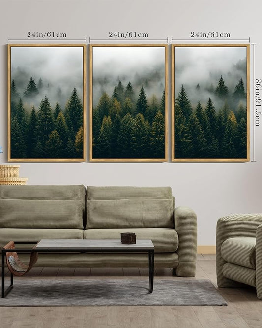 Drsoum Fog Pine Tree Landscape Wall Art Framed Nature Misty Nordic Forests Prints Morden Farmhouse Rustic Artwork Hallway Bathroom Ready to Hang 24x36in Natural Framed