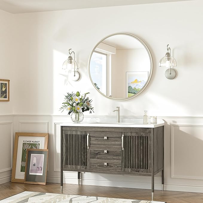 TokeShimi 24 Inch Circle Bathroom Mirror Brushed Nickel, Tempered Round Wall Mirror, Shatterproof 24x24 Hanging Wall Mirrored Farmhouse for Bedroom, Entryway, Restroom, Vanity, Living Room