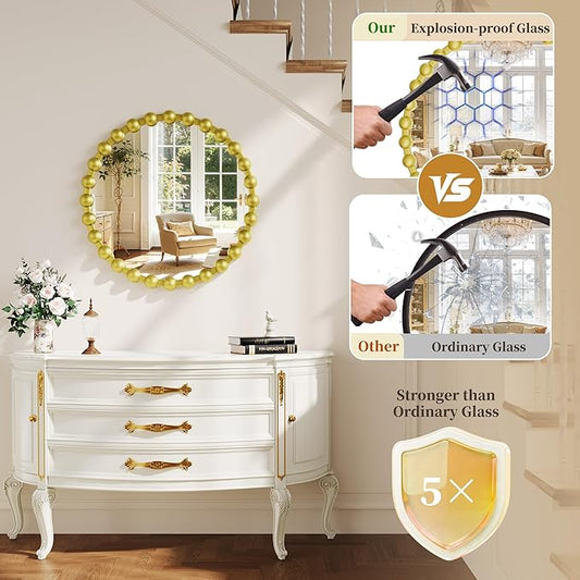 Round Mirror for Wall, 28 Inch Gold Round Vanity Mirror with Beaded Frame, Modern Decorative Wall Mirror for Bathroom, Entryway, Bedroom, Living Room, Gold