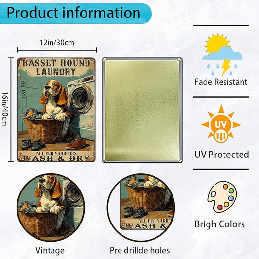 Retro Metal Poster Basset Hound Laundry Wash And Dry Metal Tin Signs Vintage Plaque Wall Decor Gift for Office Club Bar Home Kitchen 16x12 Inch