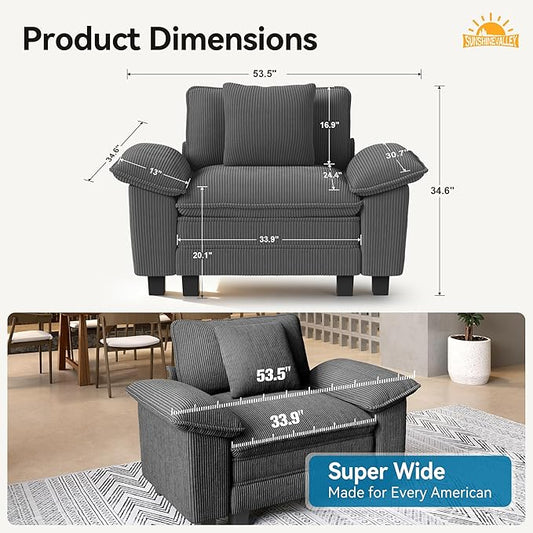 SUNSHINE VALLEY 53.5'' Oversized Accent Chair, Corduroy Single Seat Modular Sofa Chair with Wider Armrest and Pillow, Modern Cloud Deep Seat Armchair for Bedroom Living Room, Grey