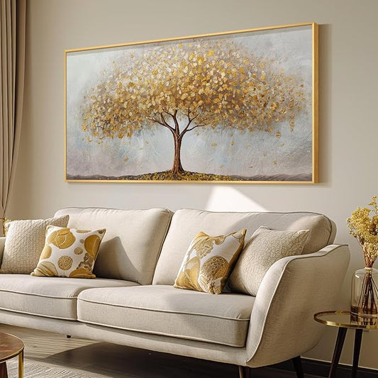 Gold Framed Tree of Life Wall Art, Large Modern Canvas Prints Paintings Artwork for Walls, Luxury Golden Big Tree Pictures for Living Room Bedroom Dining Room Fireplace Office Wall Decor, 48x24