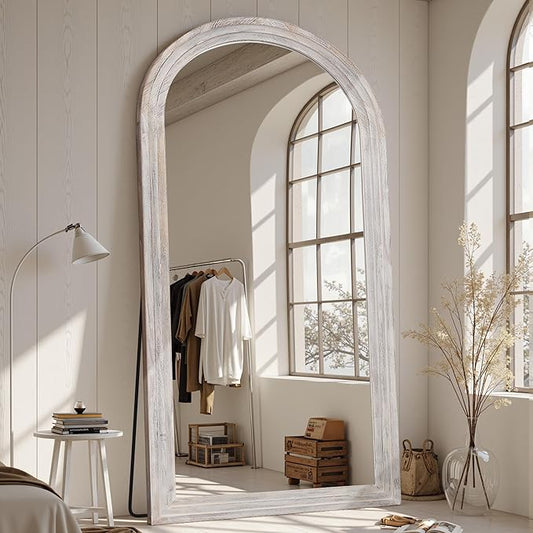 Full Length Mirror, 81"x41" Wooden Mirror Full Length with Stand Wood Floor Mirror, Oversized Stand Up Mirrors Large Wall Mirrors, Wall Mounted Mirrors, Arched Wood Style, White