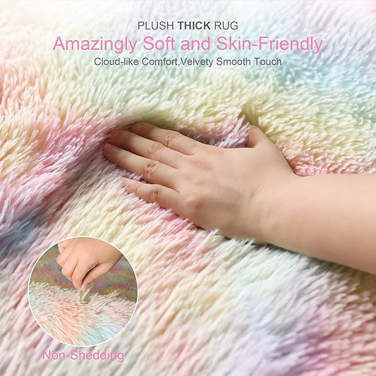 KICHOWUA Thick Area Rug Unicorn Fluffy Shag 3x5 for Girls Bedroom, Rainbow Fuzzy Soft Pastel Shaggy Rug for Living Room, Thickened Washable Non-Slip Princess Kids Toddler Boys Nursery Dorm Room Carpet