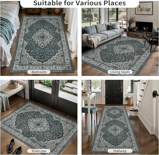 Tangsoo Vintage 2x6 Washable Runner Rug for Hallways,Grey Green Non-Slip Low Pile Long Rug Runner,Floral Soft Indoor Carpet Runner for Kitchen Bedroom Entryway Laundry