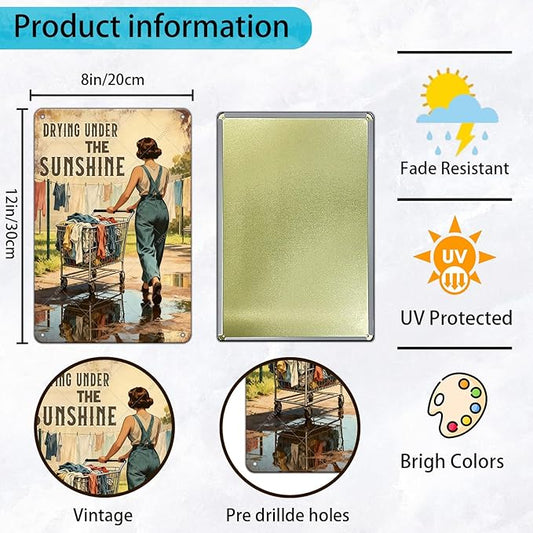 Drying Under The Sunshine Tin Sign Rustic Laundry Room Decor Vintage Metal Wall Art for Farmhouse Kitchen Bathroom 12x8 Inch