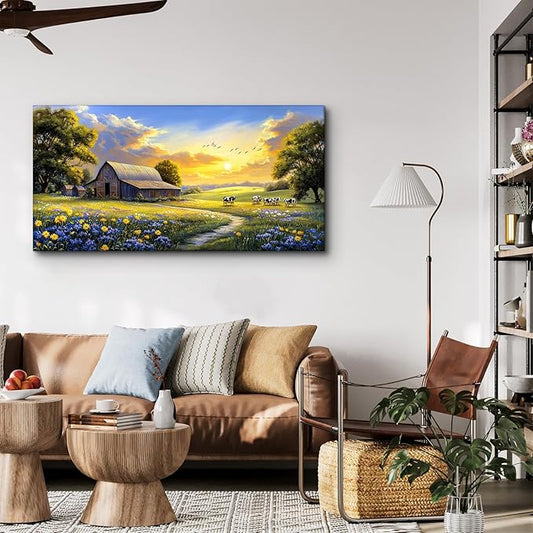 crmotu Rustic Farmhouse Wall Art, Nature Pastoral Landscape Large Artwork, Dairy Cow Farm Sunset Canvas Painting, Meadow Wildflower Pictures Wall Decor Living Room Kitchen Bathroom Art Prints 20X40 In
