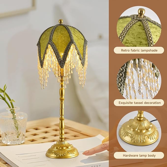 Vintage Tasselled Table Lamp with Beaded Shade, 3 Color Temperatures, Green and Gold, Victorian Style-C