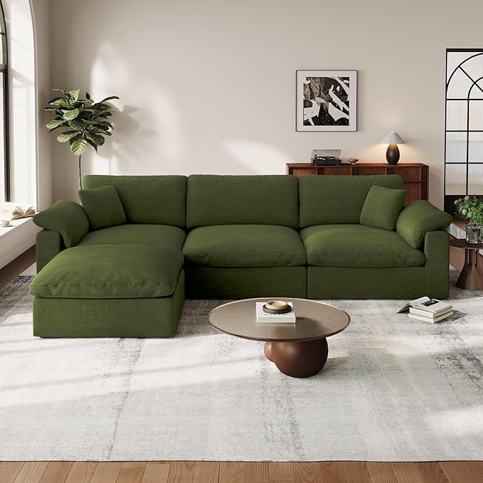 Cloud Modular Couch for Living Room,L Shape Linen Blend Sofas,Modern Deep Seat Cloud Sofas,Convertible Comfort Down Filled Sectional Couches,Removable Washable Cushion Covers,Green