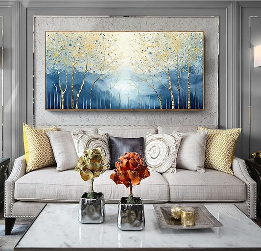 Extra Framed Modern Living Room Wall Art. Abstract Landscape Canvas Print Picture, Blue And Yellow Plant And Forest Artwork For Offices, Studies, Bedrooms, Dining Rooms, And Lounges. 58X29 Inches.