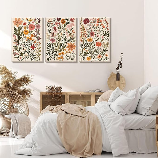 KISSFOX 3 Piece Boho Floral Canvas Wall Art For Bedroom Cottagecore Wild Flower Wall Art Colorful Nature Modern Botanical Art Prints For Nursery Living Room,16x24 in