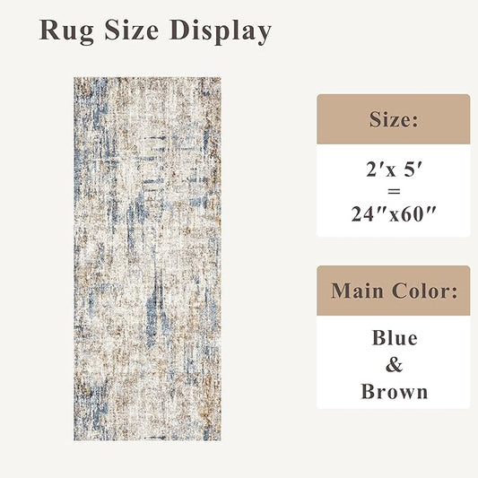 2x5 Non-Slip Washable Runner Rug – Modern Neutral Abstract Small Rug for Hallway, Kitchen, Bathroom, Bedroom, Entryway, Laundry Room – Thin Soft Low-Pile Rubber Backing(Blue Brown)