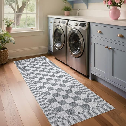 GarveeHome 2×8 Kitchen Runner Rug Non Slip,Grey Checkered Rug,Washable Runner Rug for Hallway Soft Low-Pile Geometric Checkerboard Rugs for Entryway Kitchen Dining Room