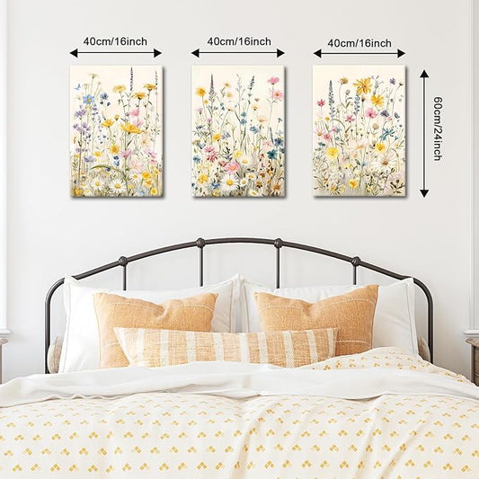 WENGTIAO 3Pcs Framed Colorful Wildflower Canvas Wall Art, Yellow Watercolors Flowers Wall Pictures Floral Canvas Prints Wall Decor Paintings for Living Room Girls Bedroom Ready to Hang 16"x24"x3