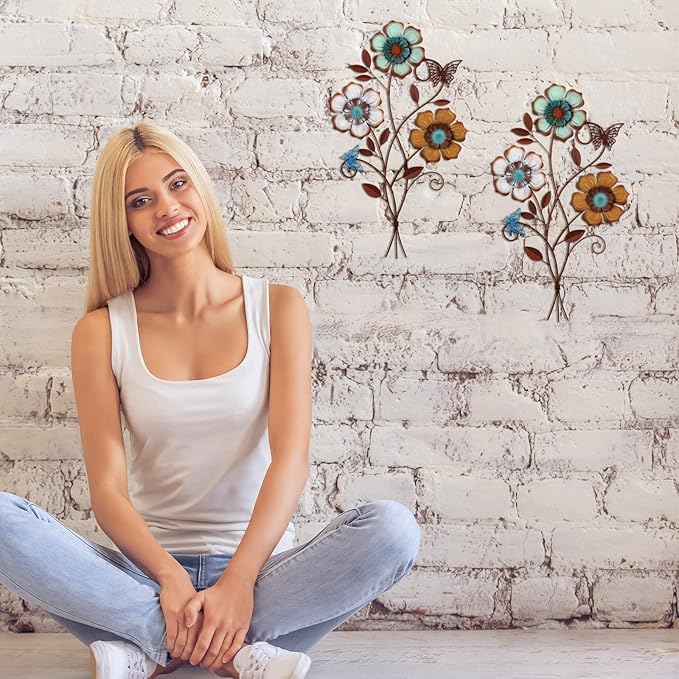 Moxweyeni Tricolor Flower Wall Decor Vintage Metal Wall Art Decor Rustic Hanging Flowers Decorative Metal Floral Art for Home Living Room Bathroom Indoor Outdoor, 15 x 9.1 Inch(2 Pieces)