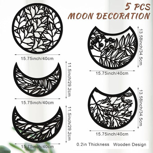 Jetec 5 Pcs Moon Phase Wall Art Decor Wall Pediments Hanging Wooden Phase Spiritual Bedroom Nordic Boho Lunar Aesthetic Art for Living Room Dorm Apartment Ornament(Dark Black,15.75 Inch,Botanical)