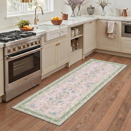 GENIMO Runner Rug 2x5 Non Slip Machine Washable Vintage Hallway Runner Rug, Low Pile Lightweight Rugs for Entryway, Hallway, Kitchen and Corridor, Light Green Pink