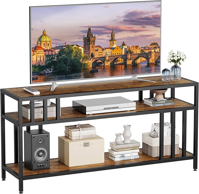 65'' TV Stand for Television up to 75 Inches, Entertainment Center with 3-Tier Open Storage Shelves, TV Media Console Table with Quadruple-Tube Support for Living Room, Rustic Brown