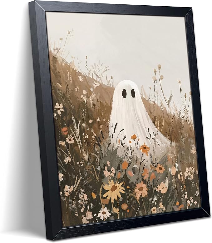 Yaneiro Halloween Ghost Wall Art Canvas Framed Poster Painting Print Picture, Cute Boho Ghost in Wildflower Field Artwork, Fall Aesthetic Wall Decor for Bedroom Living Room Nursery Home 16x24 Inch